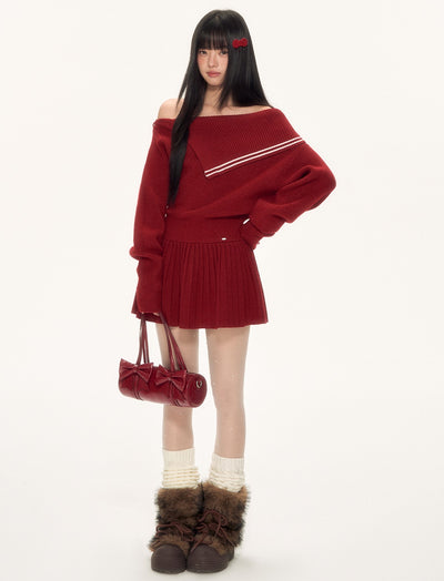 Irregular Navy Collar Off-shoulder Knit Dress WEE0095