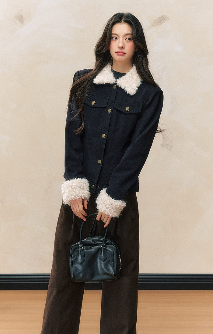 Slim Navy Blue Short Quilted Fur Collar Jacket SHI0086