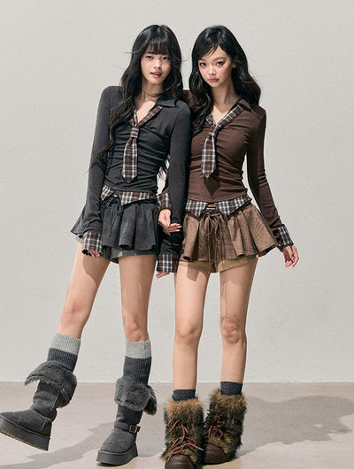 Faux Two-Piece Plaid Tie T-Shirt DIA0746