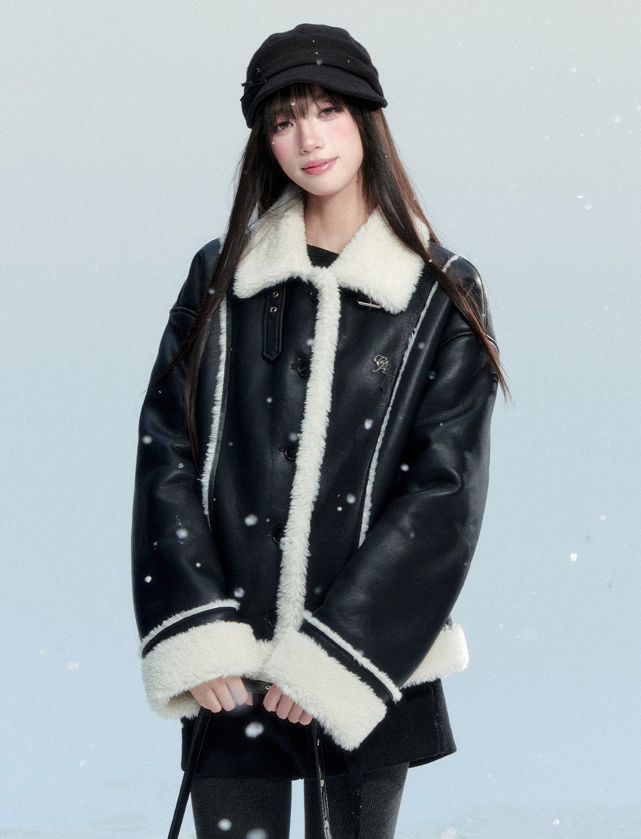 Fur Collar Black Leather Jacket FRA0477