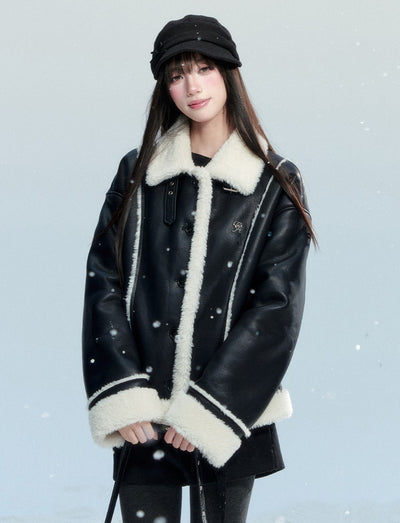 Fur Collar Black Leather Jacket FRA0477