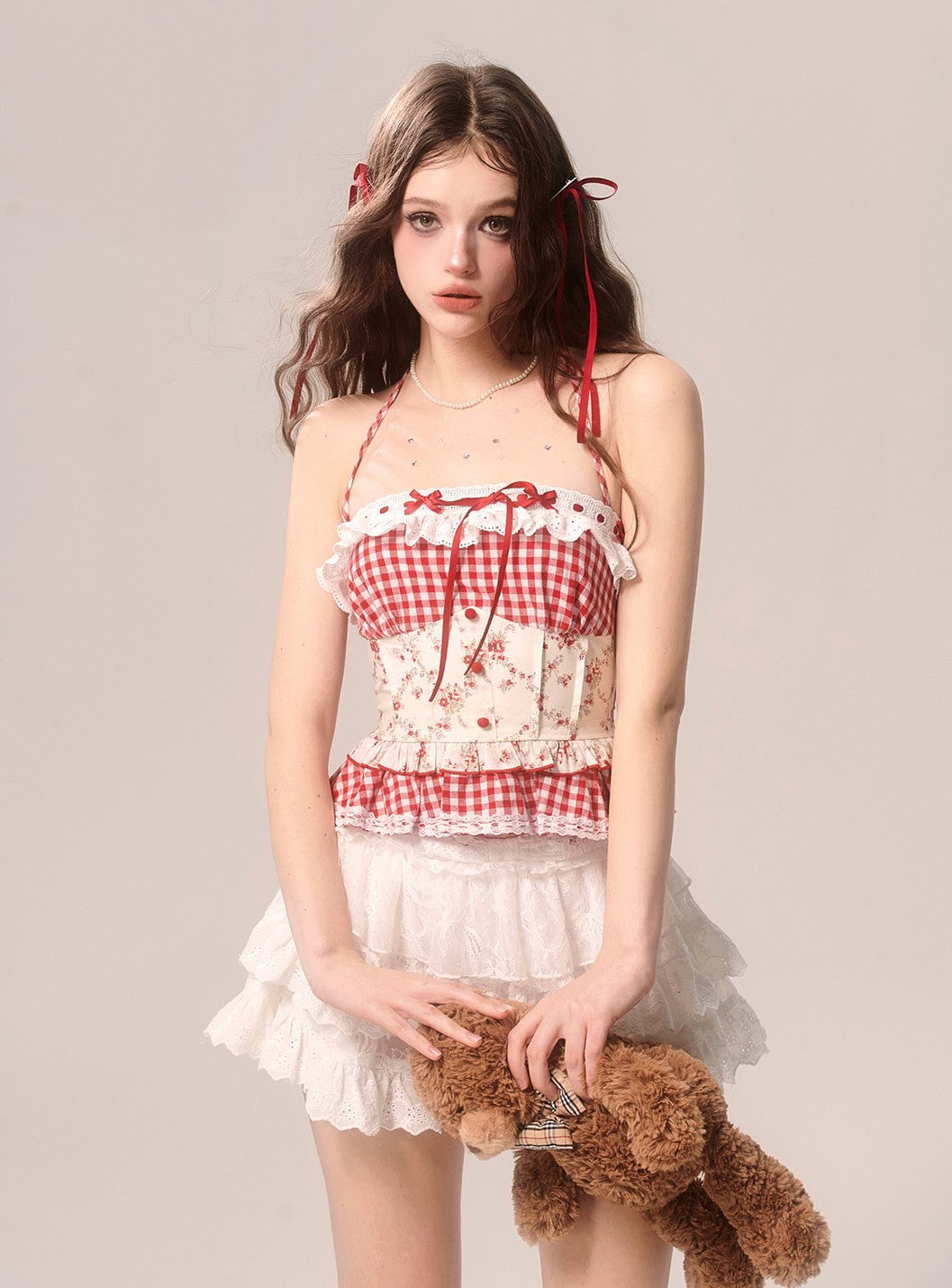 Strawberry Cake Red Plaid Lace Camisole DIA0068