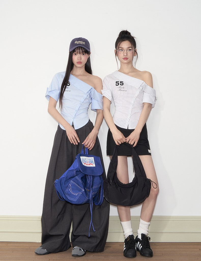 Casual Oblique Shoulder Striped Shirt SOO0012