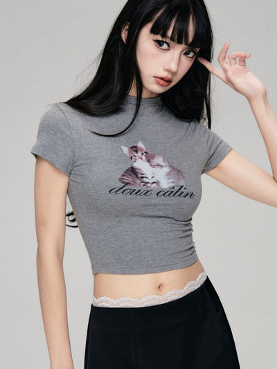 Funny Cat Printed Straight Shoulder Short Sleeve T-shirt LUL0065