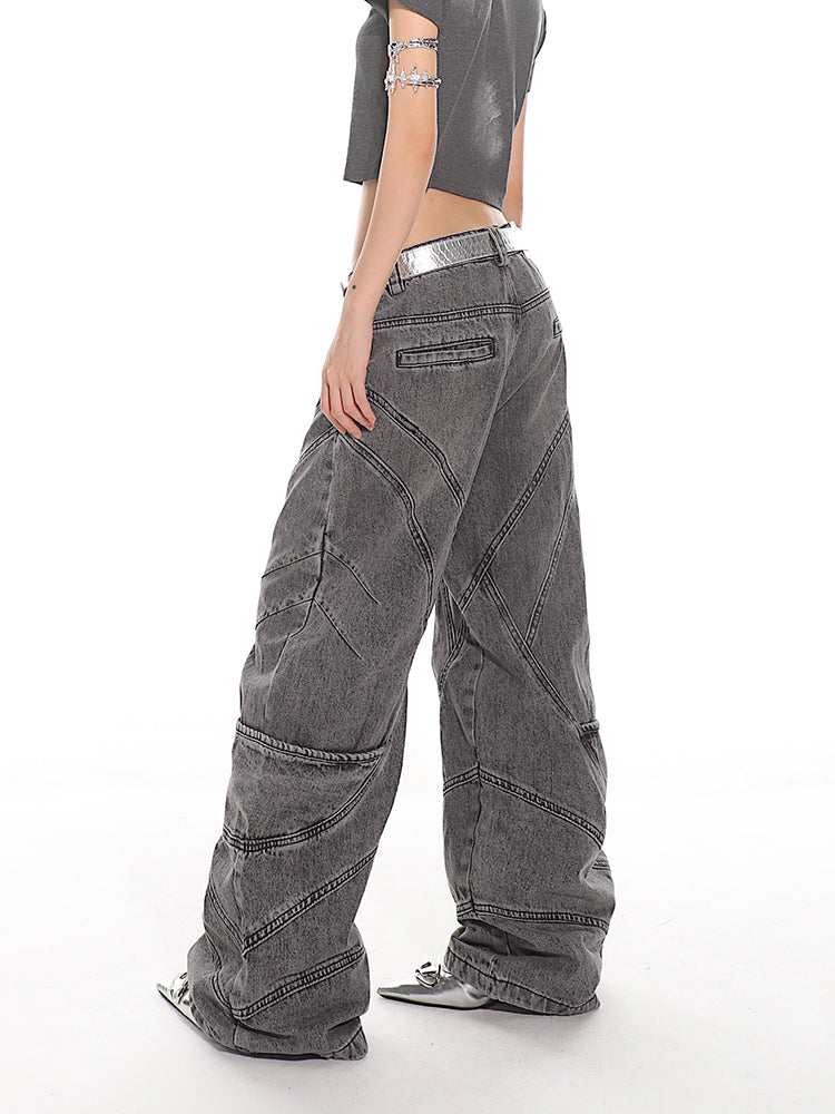 Washed Retro Multi-pocket Deconstruction Design Wide-leg Jeans UNC0120