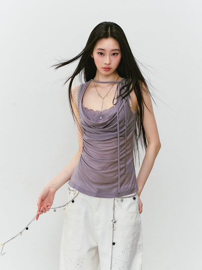 Spliced Lace Sling Collar Top VIA0311