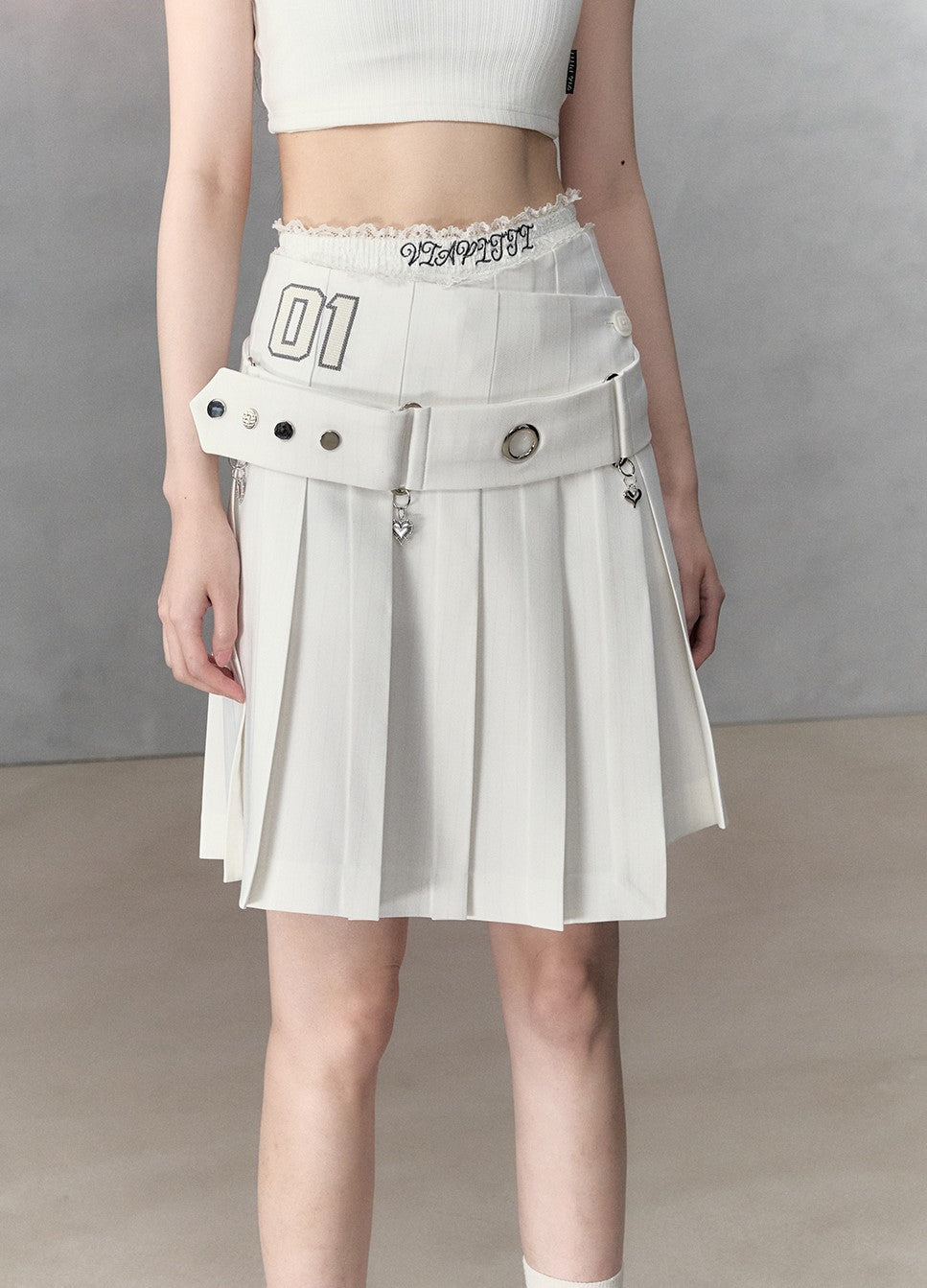 Irregular Waist Pleated A-Line Midi-Length Skirt/Belt VIA0135