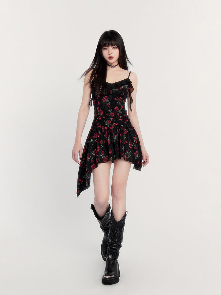 Rose French Black Floral Ribbon Suspender Dress VOC0221