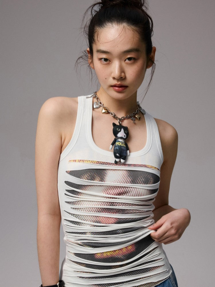 Irregular Hole Cat Print Sleeveless Top JIN0034