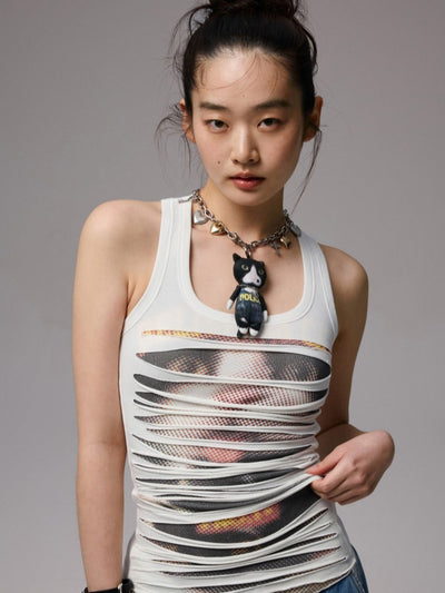 Irregular Hole Cat Print Sleeveless Top JIN0034