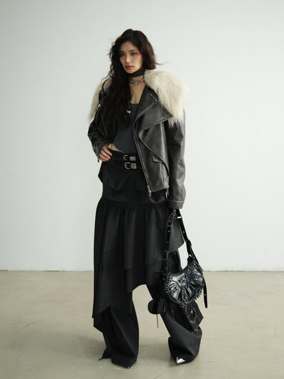 Dark Retro Rock Fur Collar Fake Two-piece Layered Rubbed Color Leather Jacket JNY0192