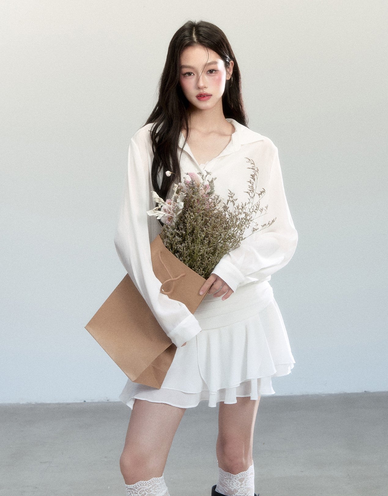 Chiffon Ruffled Hem Shirt Dress FRA0450