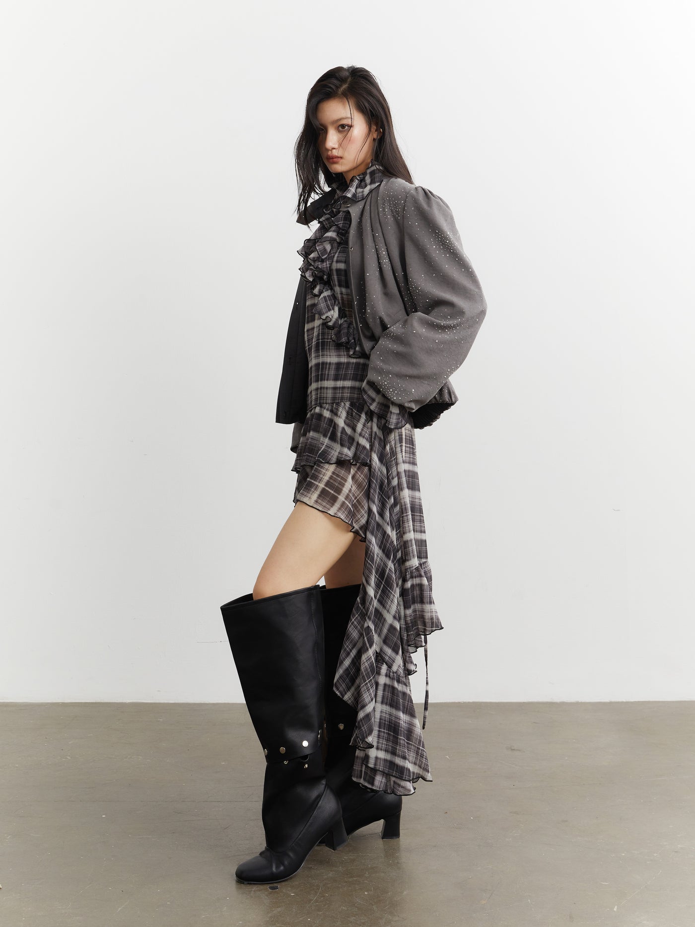 Ruffled Asymmetrical Plaid Shirt Dress JNY0254