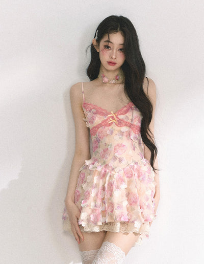 Lace Floral Suspender Puffy Dress DIA0445