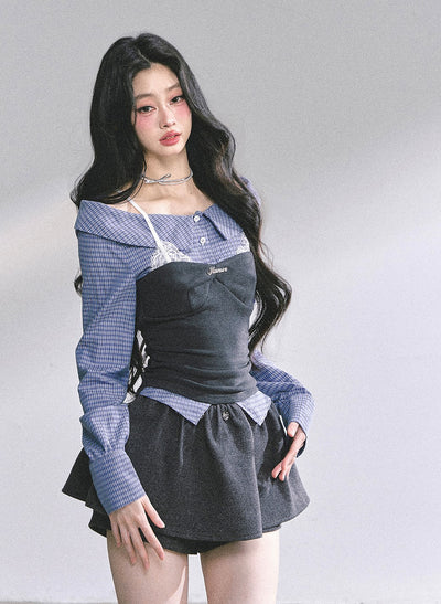 Fake Two-piece Plaid Lace Shirt DIA0573