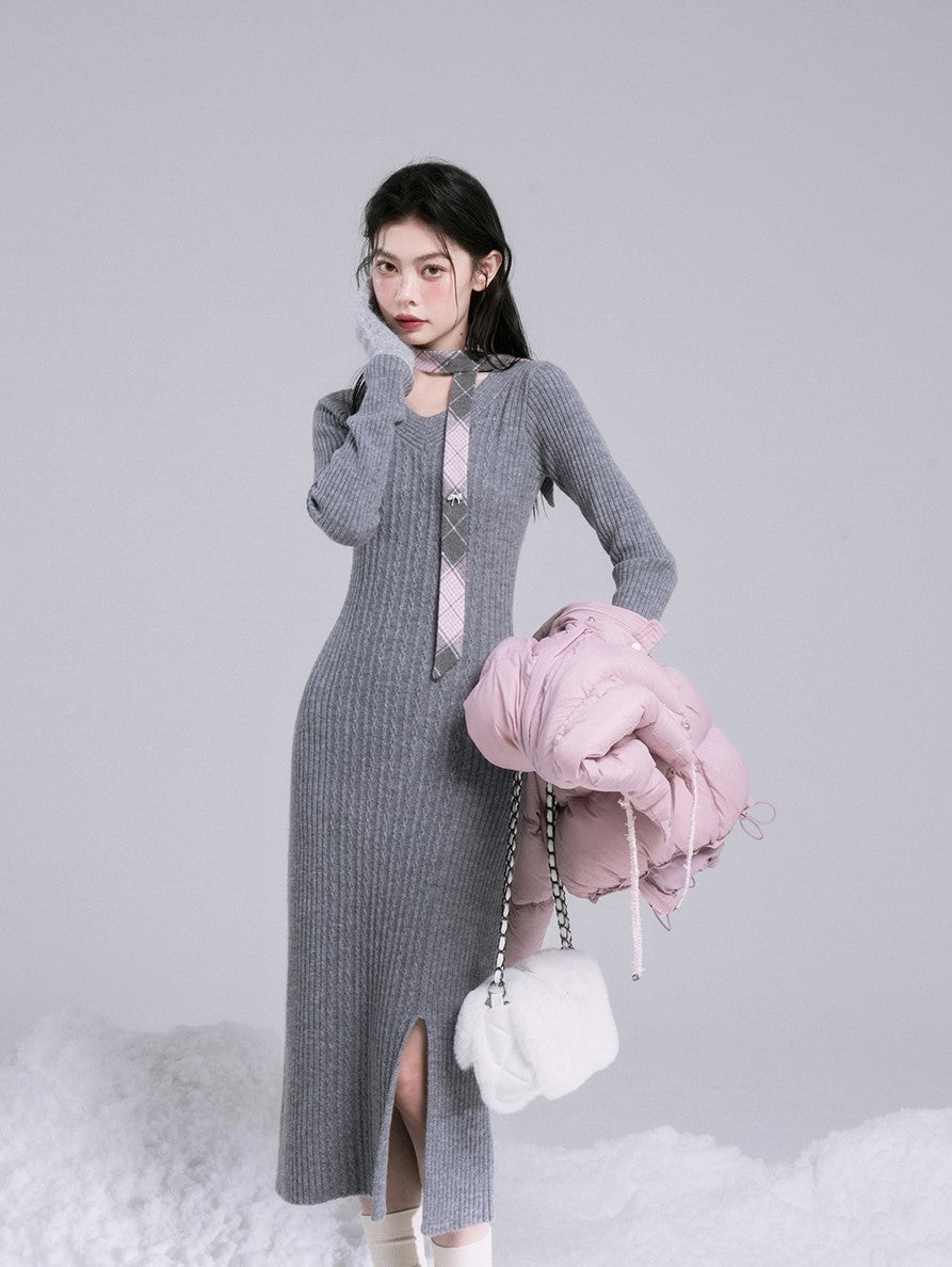 Curve Shaping Gray Pink Ribbon Wool Knit Dress COT0189