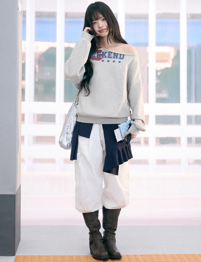 American Print Casual Off-Shoulder Sweatshirt WEE0077