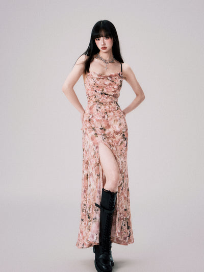 Apricot Pink Floral Swing Collar Backless Suspender Dress LUL0060