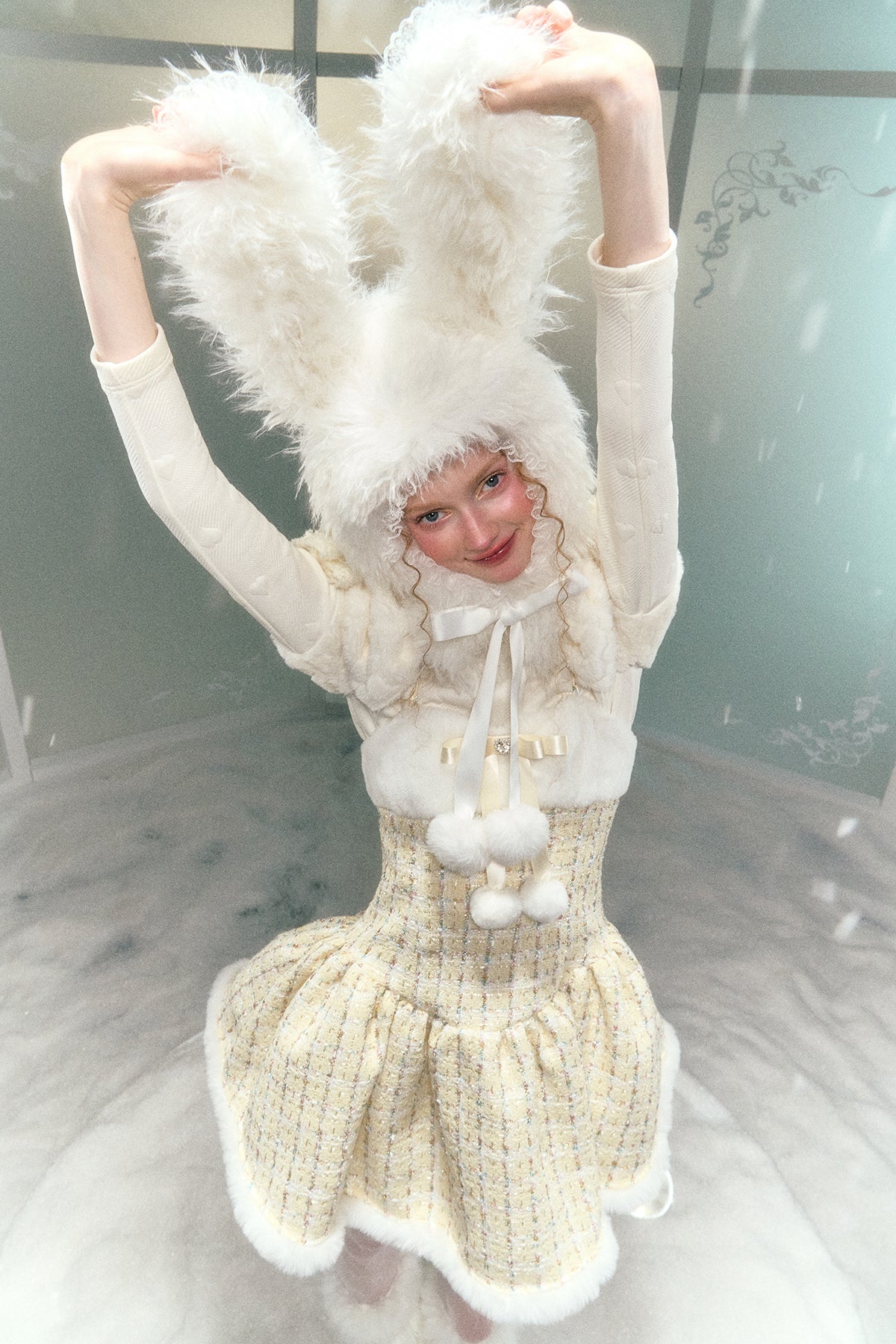Bonnie Rabbit Soft White Lace Fur Imitation Hooded Hat NAR0010