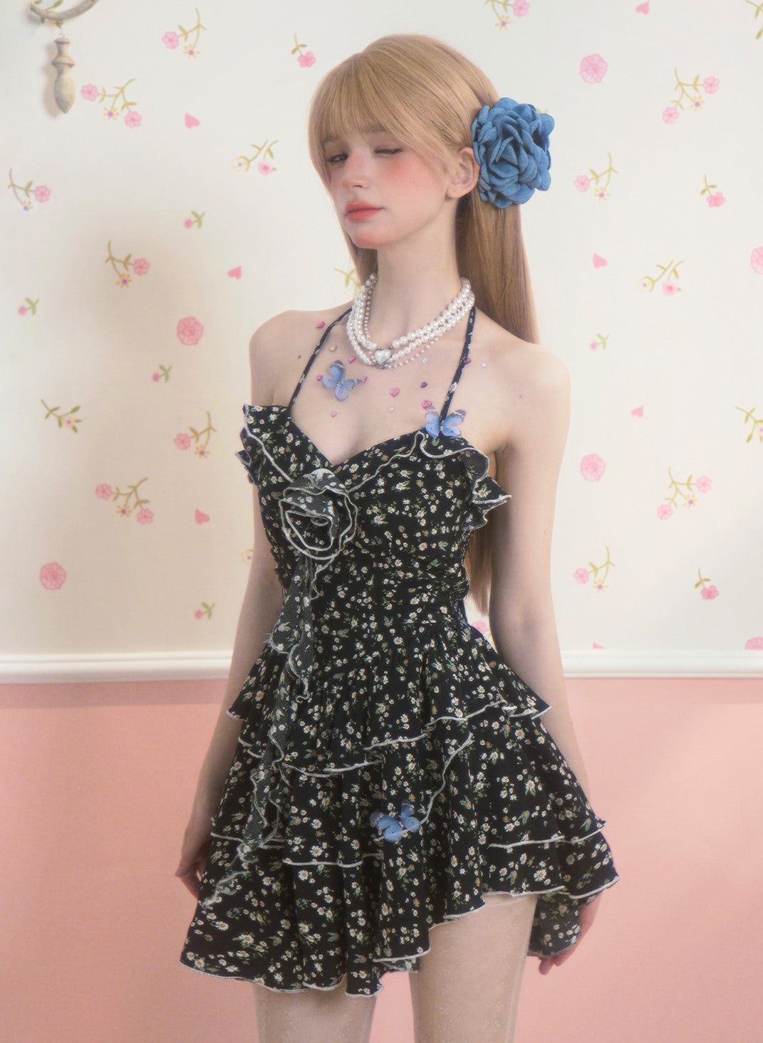 Black Floral A-line Suspender Dress DIA0120