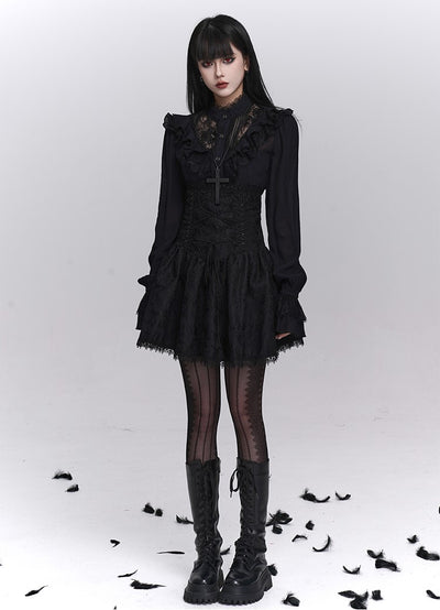 Black Long-Sleeved Lace Shirt LAD0244