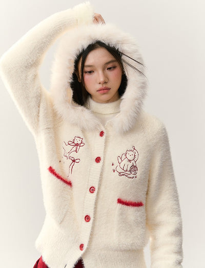 Cat Embroidery Fur Collar Knit Cardigan NTO0248