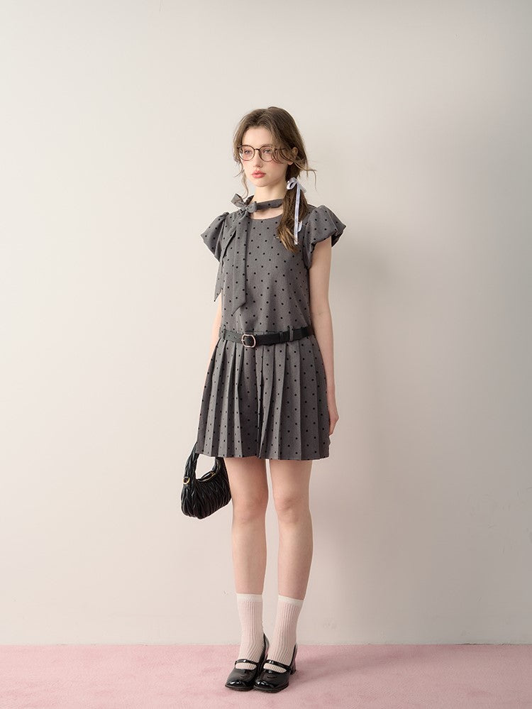 Grey Polka Dot Bow Design Dress QDQ0061