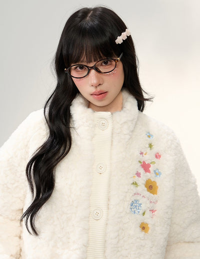 Floral Embroidered Stand Collar Plush Coat NTO0240