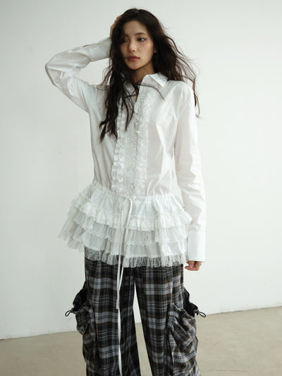 High-Intelligence Pure White Lace Long Shirt JNY0198