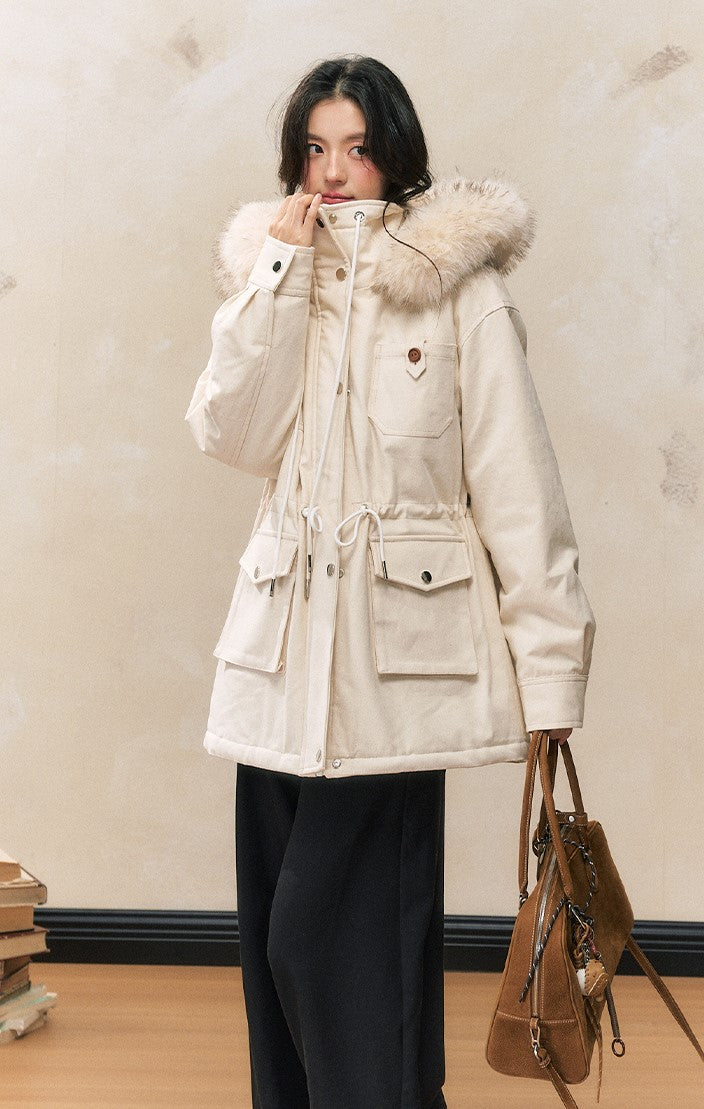 White Loose Hooded Parka Thick Warm Cotton Coat SHI0091