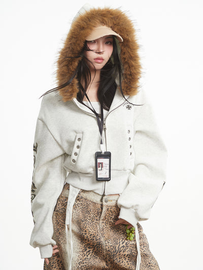 Fur Collar Long-Sleeve Hooded Sweatshirt Jacket UNC0320