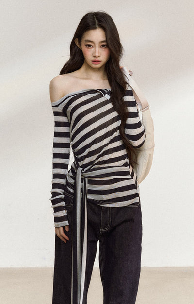 Oblique Shoulder Tie Striped T-shirt SHI0213