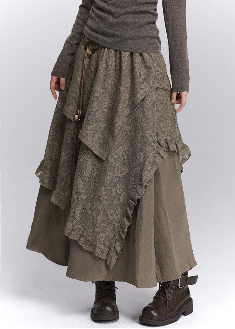 Brown Lace Cake Long Skirt LAD0250