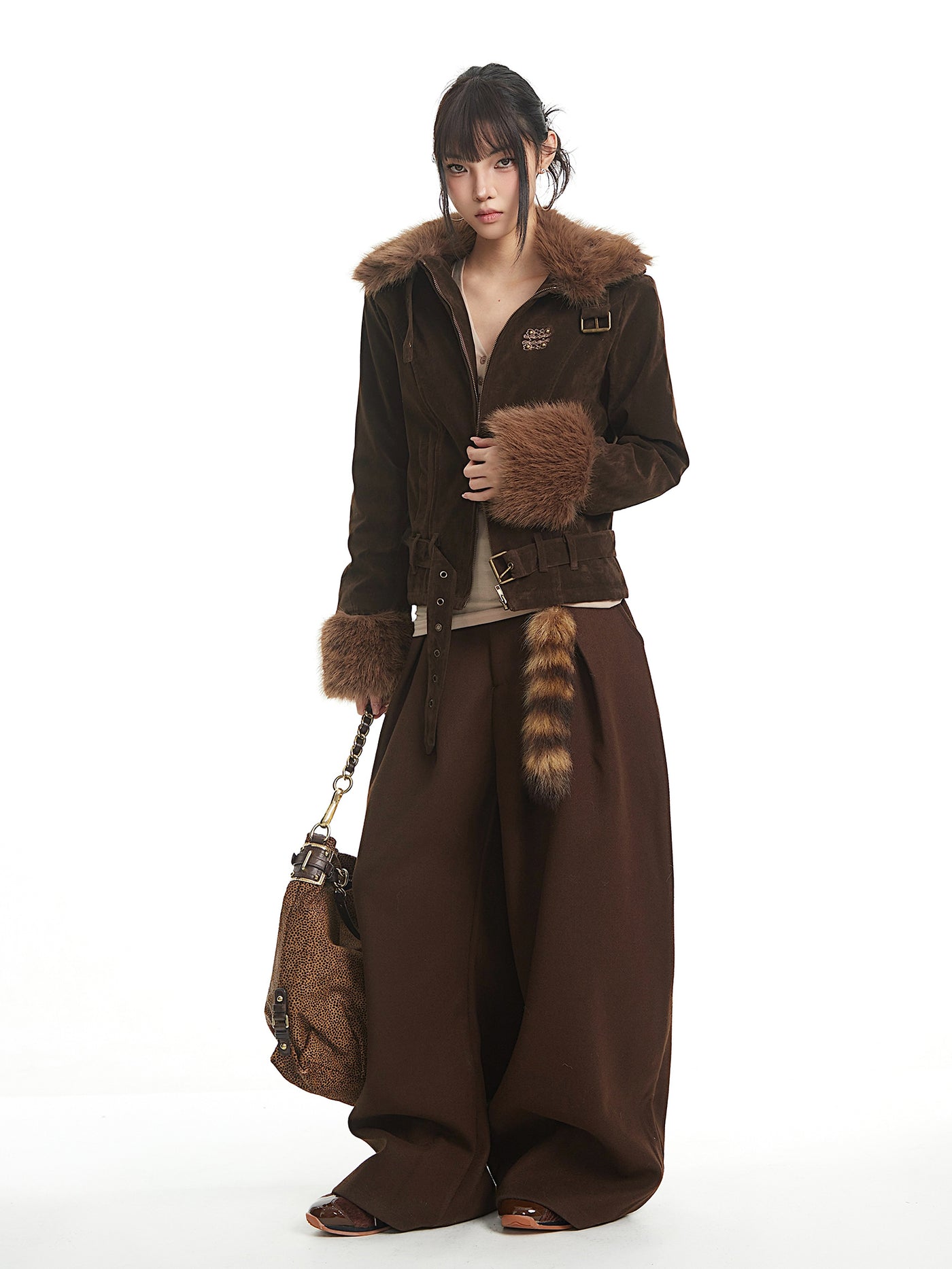 Retro Style Fur Collar Patchwork Suede Jacket UNC0327