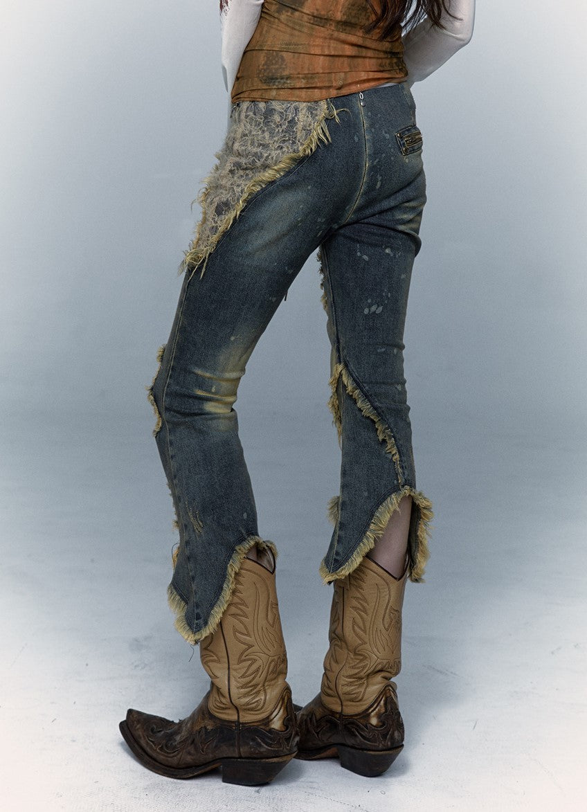 Retro Punk Patchwork Lace Ripped Cropped Flared Jeans NOR0069