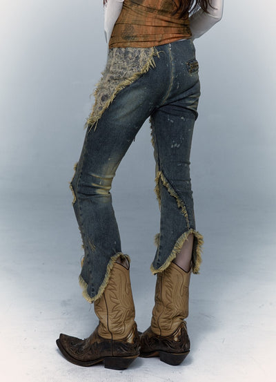 Retro Punk Patchwork Lace Ripped Cropped Flared Jeans NOR0069