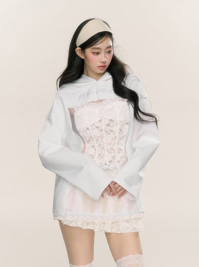 Lace Hollow Slim White Sweatshirt Hoodie DIA0240