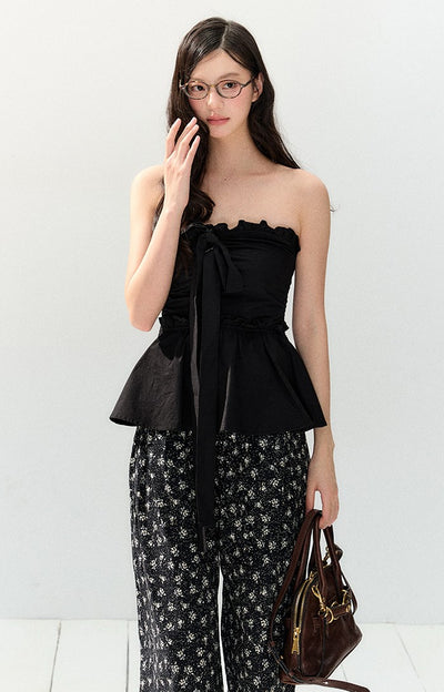 Black Lazy Drape Flower Pants SHI0145