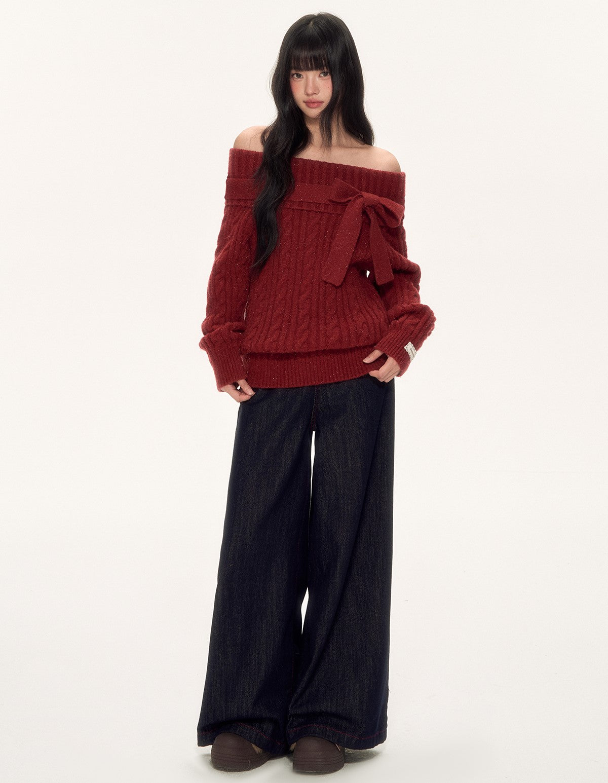 Red Off-Shoulder Bow Sweater WEE0088