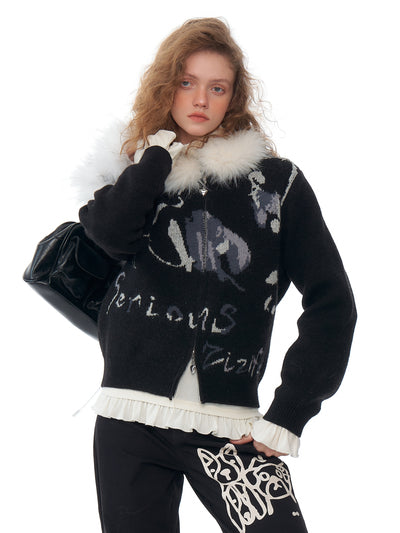 High-end Lazy Fur Collar Zipper Black Sweater Jacket ZIZ0194