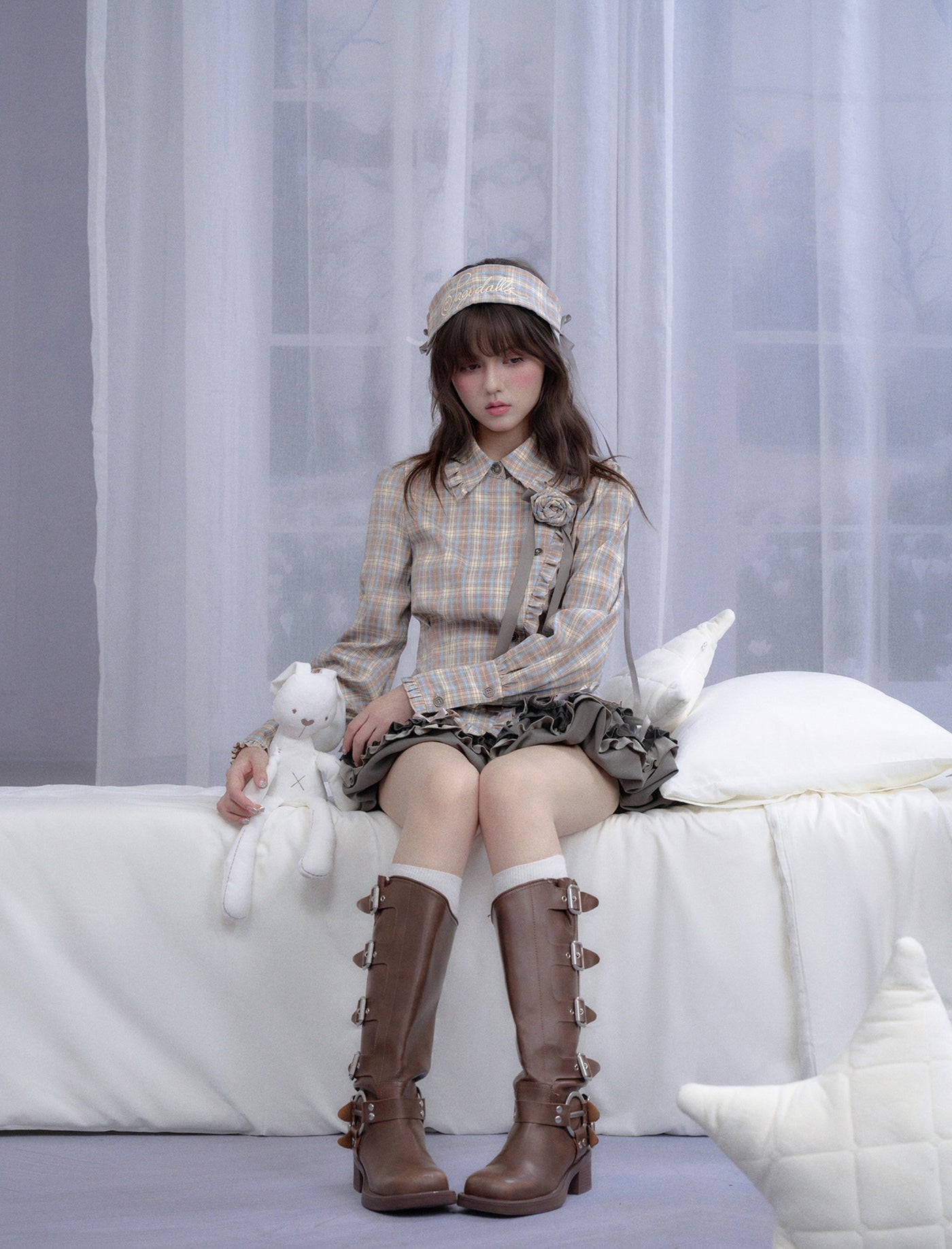 Plaid Rose Brooch Asymmetrical Shirt/Headband SAG0294