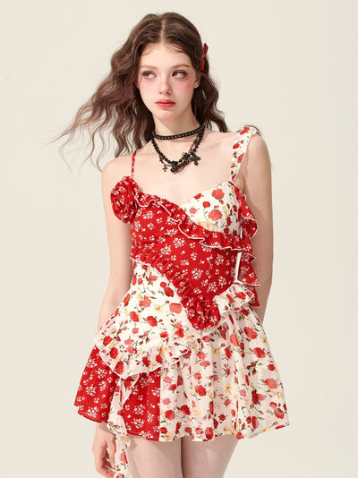 Rose Red Splicing Floral Suspender Dress DIA0167