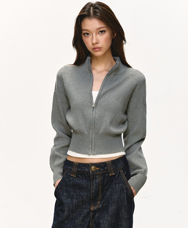 Stand Collar Zipper Knitted Short Cardigan ANA0096