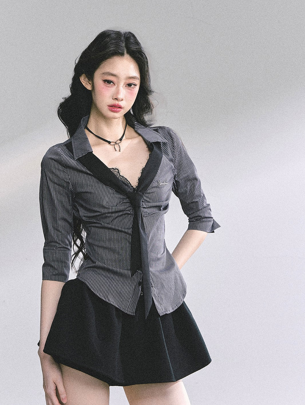 Lace Striped Slim Shirt DIA0572