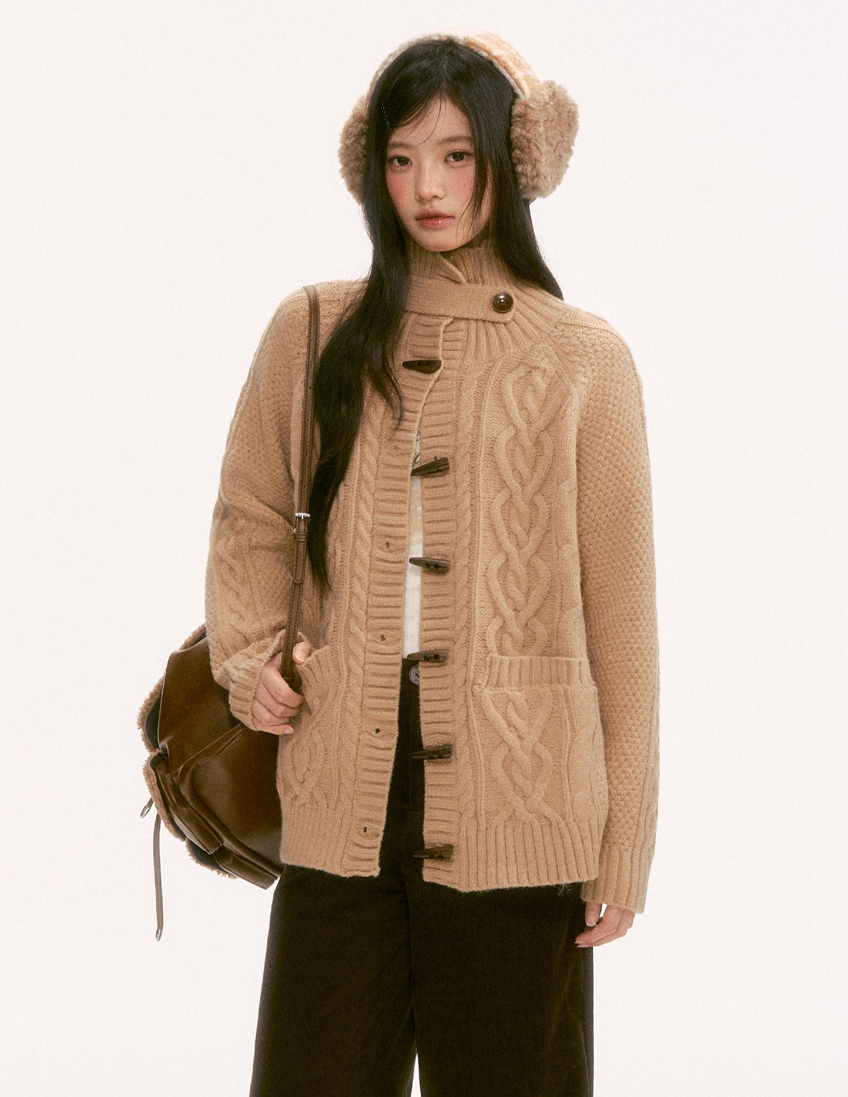 Retro Collar Horn Button Cable Knit Cardigan WEE0136