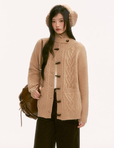 Retro Collar Horn Button Cable Knit Cardigan WEE0136