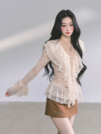 Lace Hollow Ruffled Long Sleeve Shirt DIA0588