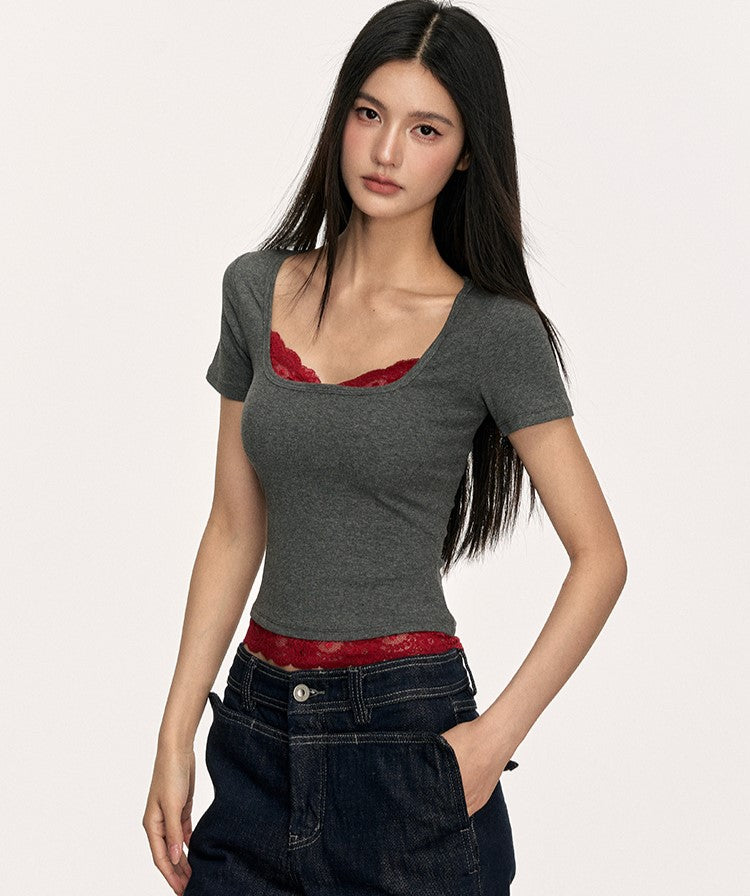 Lace Ribbed Fake Two-piece T-shirt ANA0005