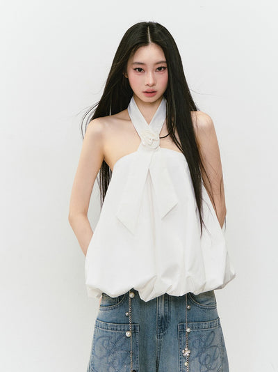 Rose Tie Fluffy Halter Neck Top VIA0301