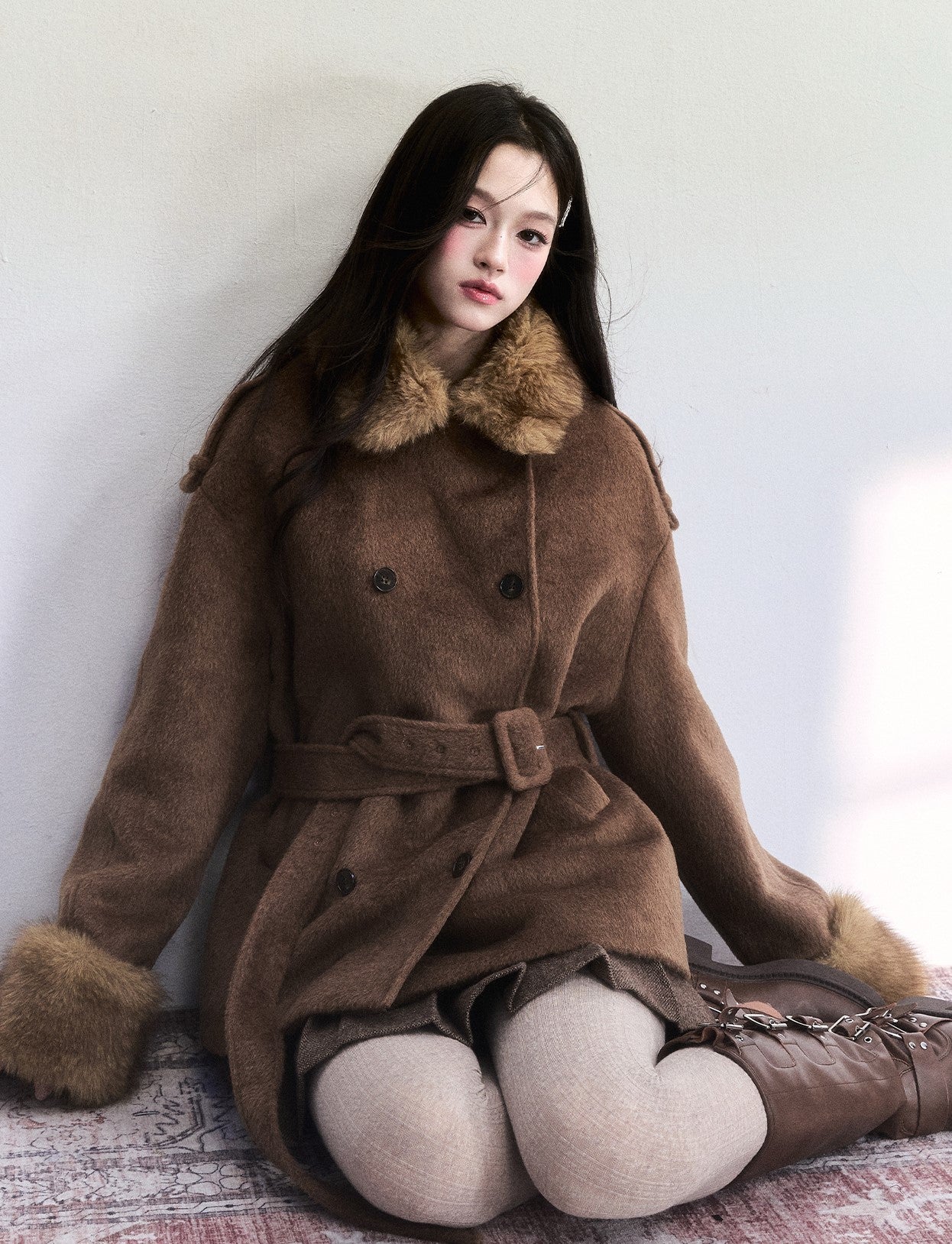 Brown Fur Collar Wool Coat FRA0501